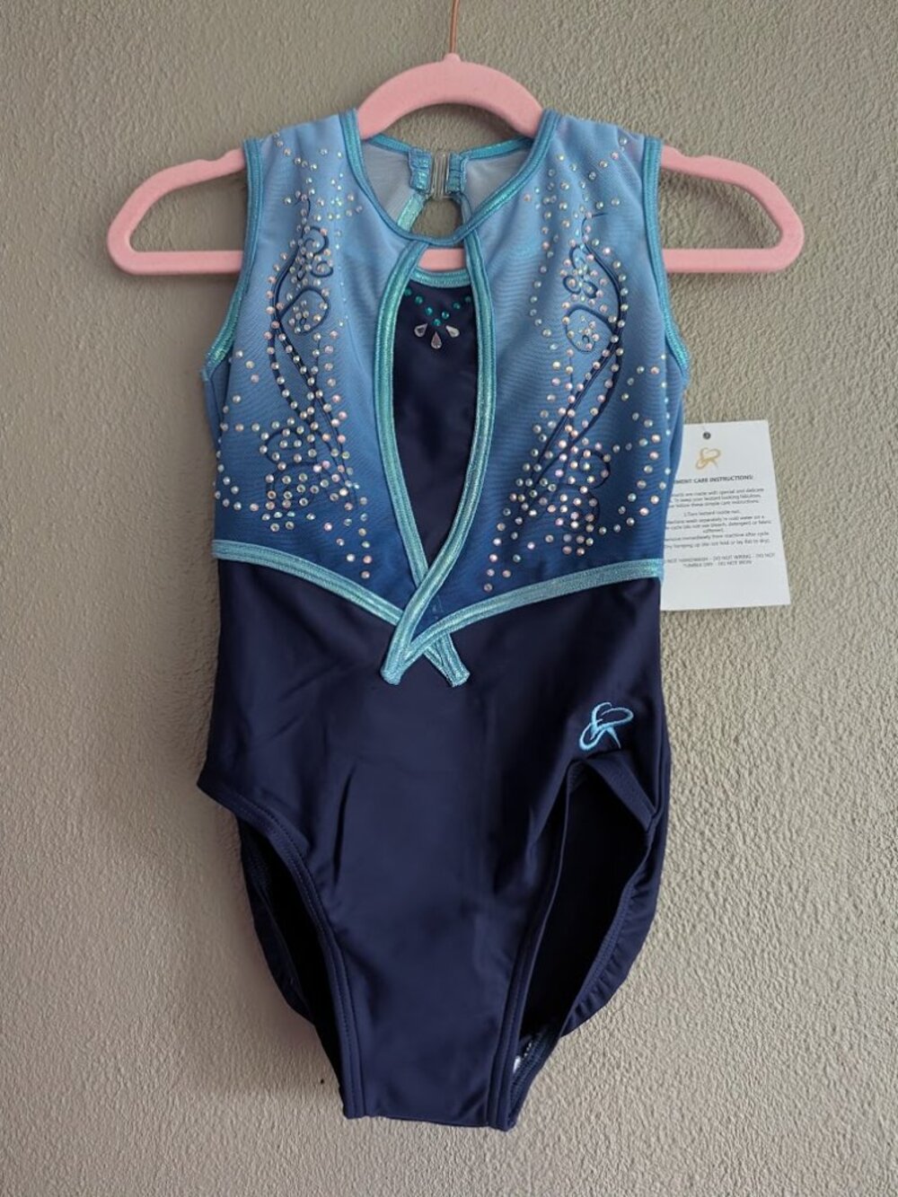 NWT ROCSA Gymnastics Leotard CME 28 Blue Ombre Rhinestone Mesh Keyhole
